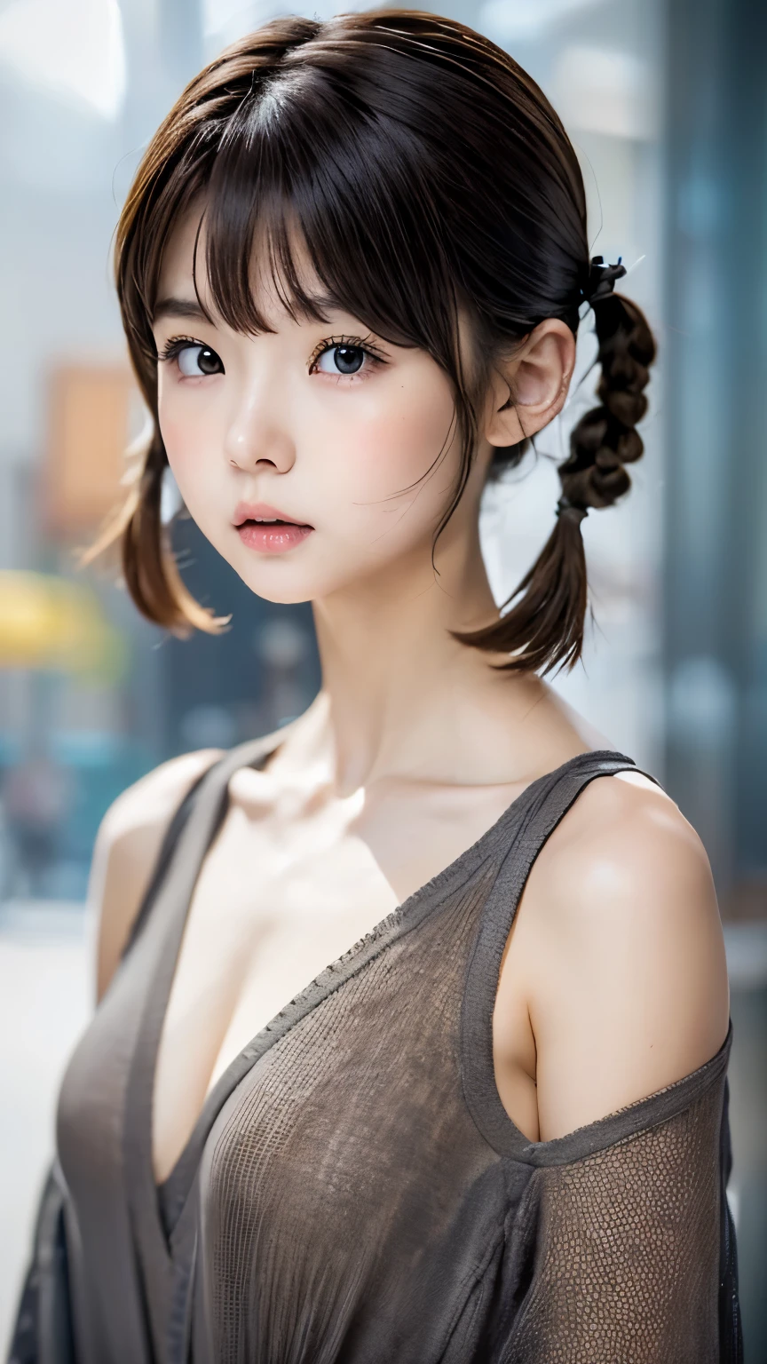 High resolution, High level image quality, high detail,, anatomically correct, sharp, gray background、((Japanese)), alone,snow-white skin,fair skin、plump lips、Very cute、small breasts、small breasts、An ennui look、 well-shaped chest, mesh brown hair、twin tails、short hairのtwin tails、short hair、stylish black dress:1.3、(((stand upright, facing the center of the screen.))) ((Upper body angle))、RAW photo、highest quality、super resolution、Highest image quality、master piece、８k