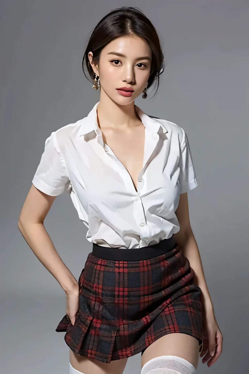 (highest quality,8K,masterpiece),studio photography,
Very beautiful Japan models,fine skin,realistic skin, lip gloss,rouge,
very short hair,pixie cut,
School_uniform, big earrings,costume,
big breasts,peach,
plaid skirt, white shirt, big breasts,emphasize cleavage,See-through knee socks,
gray background