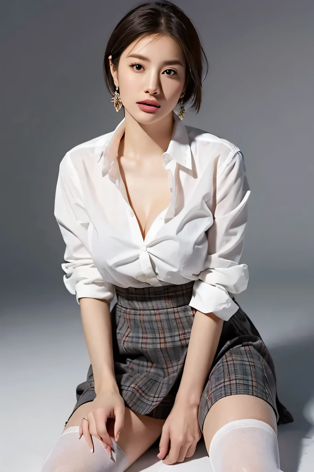 (highest quality,8K,masterpiece),studio photography,
Very beautiful Japan models,fine skin,realistic skin, lip gloss,rouge,
very short hair,pixie cut,
School_uniform, big earrings,costume,
big breasts,peach,
plaid skirt, white shirt, big breasts,emphasize cleavage,See-through knee socks,
gray background