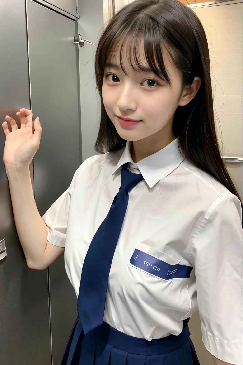 校服、school hallway、Turning around、Cute、kawaii、Bob Hair、realisticlying、Holding a textbook on his chest、female pervert