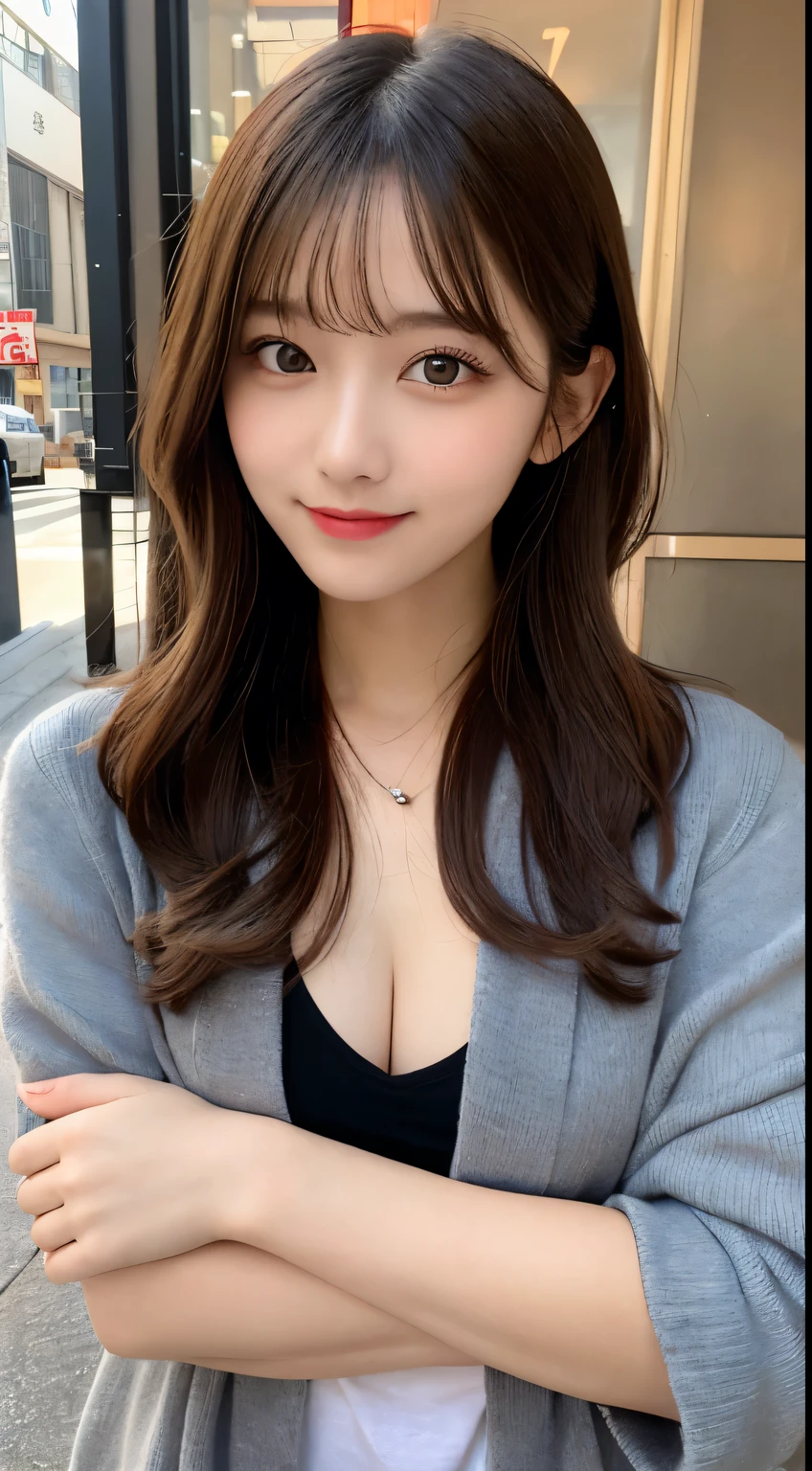 table top, highest quality, figure, super detailed, finely, High resolution, 8k wallpaper, 完璧なダイナミックな構figure, beautiful and fine eyes, long coat and knit,medium hair,small breasts natural color lip, bold sexy pose,smile,Harajuku、20 year old girl、cute、sexy shot looking at camera,perfect and beautiful face