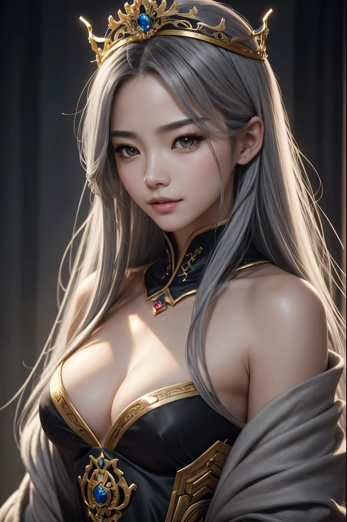 8K,small breasts,gray long hair,黒と金のsexyなランジェリーを着た女神のClose-up,Super beautiful(like the real thing), beautiful fantasy empress, ((beautiful fantasy empress)), small breasted gray haired welcome. very high detail, extremely detailed ,up to the model | types of bacteria, trending on cgstation, Chenwei Pan On Art Station, Leo gorgeous gray haired  beautiful gray haired,Super high resolution,超realistic skin,beautiful expression,fantasy art,laughter(Like the real thing),gray long hair,small breasted ,straight hair,golden eyes,超sexy,rich colors, Backlight, cinematic lighting, film grain, born, 50mm lens, Nikon D850,realistic skin,golden eyes,sexy,sexyなポーズ,Close-up,perspective from above,超sexyなランジェリー,