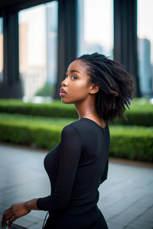 black woman turning around high resolution masterpiece Photographed from a distance0.3 times troubled face