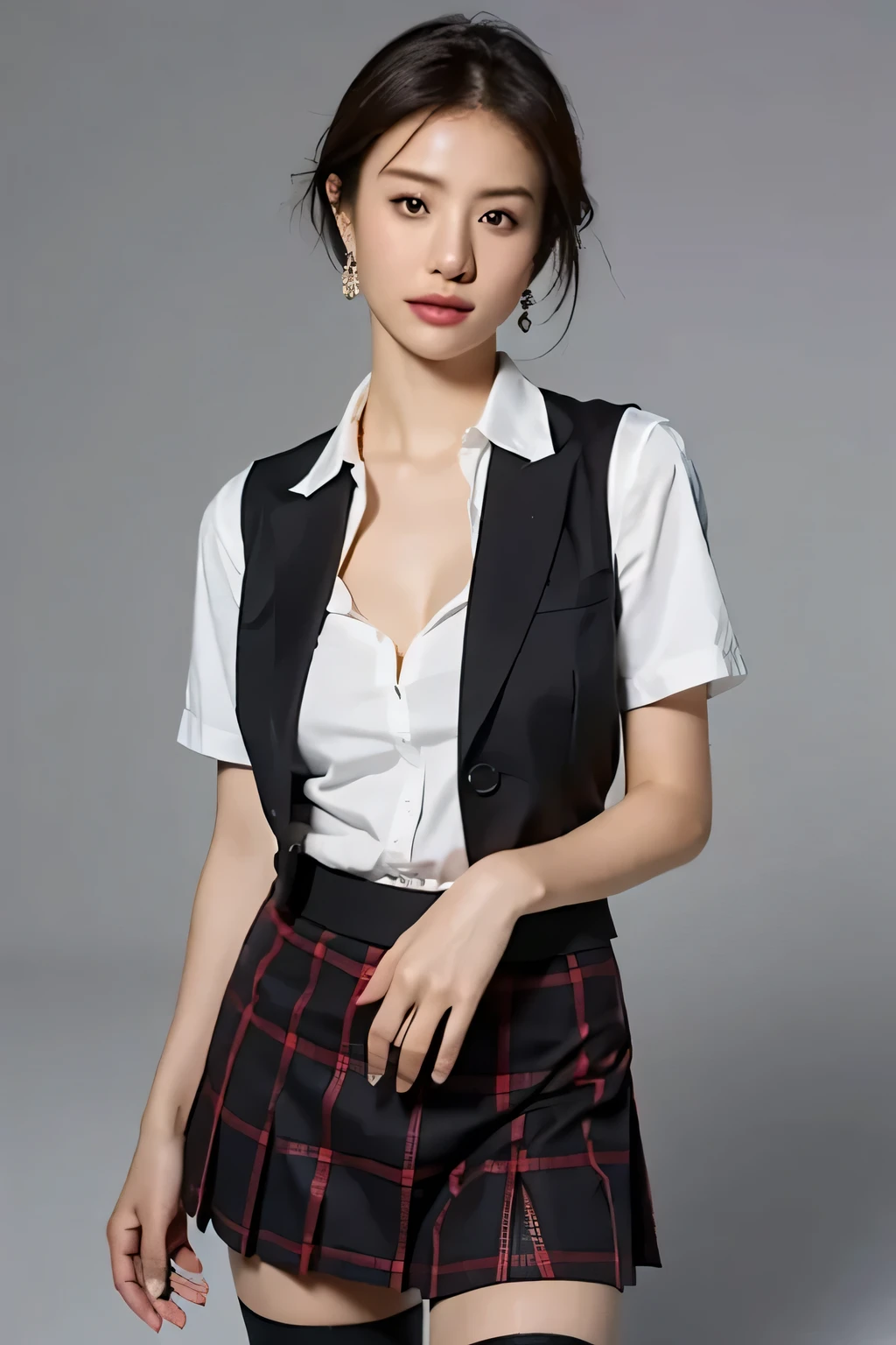(highest quality,8K,masterpiece),studio photography,
Very beautiful Japan models,fine skin,realistic skin, lip gloss,rouge,
very short hair,pixie cut,
School_uniform, big earrings,costume,
big breasts,peach,
plaid skirt, white shirt, big breasts,emphasize cleavage,black_See-through knee socks,
gray background