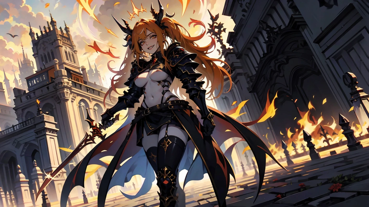 A woman standing before a city burning in flames. Her body is angled to the left.
(She is holding a flaming sword.:1.2)
The sky is dark from all the dark clouds that emmits from the flames.
The girl has twintails, really long, really white hair with long red horns on her head.
(She wears a crimson armour that covers her torso completely:1.5). She has a golden crown on her head. Her knees are exposed, she has armour on her feet.