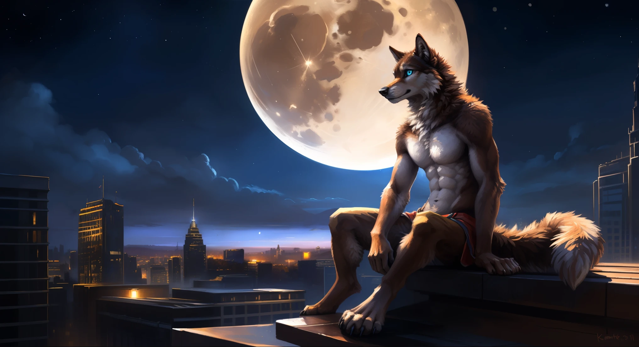 ((Solo)), male people, anthro wolf, (Multi-colored fur, White-brown:1.3), ((Wolf face, Big eyes, White eyelids, Blue pupil, Slim:1.2) (Tough, Calm expression:1.2)), (Height 2.1 meters,Tail length 1.5m), Abs, Slim, pinging, (Correct anatomy), (Contour bone:1.2), The upper body is naked, (detailed outfits), a long large tail,Feet,(Realistic fur, Detailed fur texture, labeled:1.3)), (Natural lighting), Photorealistic, Hyperrealistic, ultradetailed, by Kenket,In the modern city,Roof,the night,Sit alone,Look at the full moon,It was dark,Starry