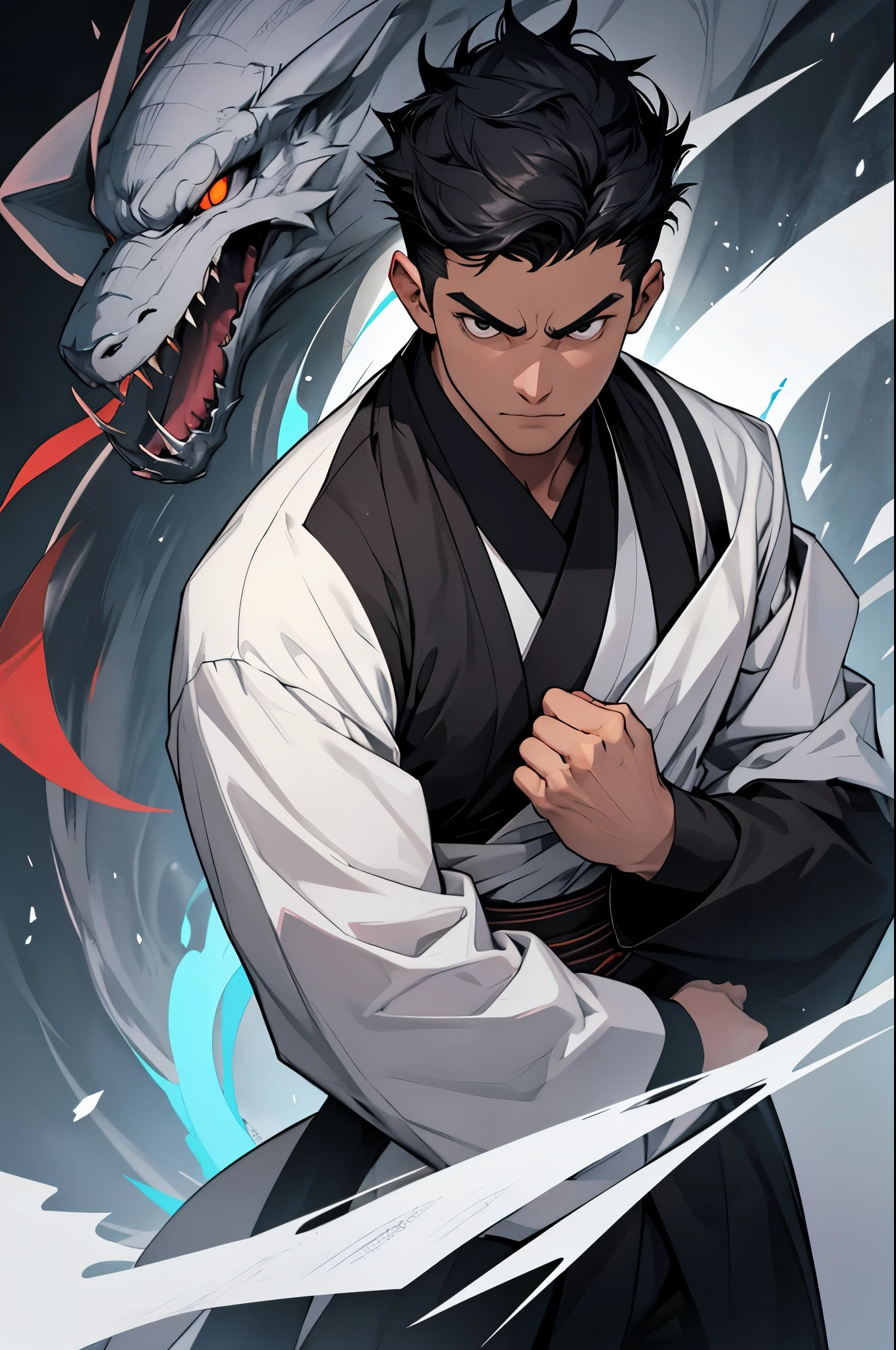 Character, described by you, is a young guy with a serious face, which gives him confidence and determination. He has black hair, short boyish hairstyle and a strong triangle-shaped chin. Our character&#39;s clothing consists of a black kimono with hints of white.. He always looks fashionable and stylish, emphasizing your athleticism and strength. Generally, the image of this character looks very impressive and mysterious. He arouses interest and admiration for his unusual appearance. Stands in a dynamic pose