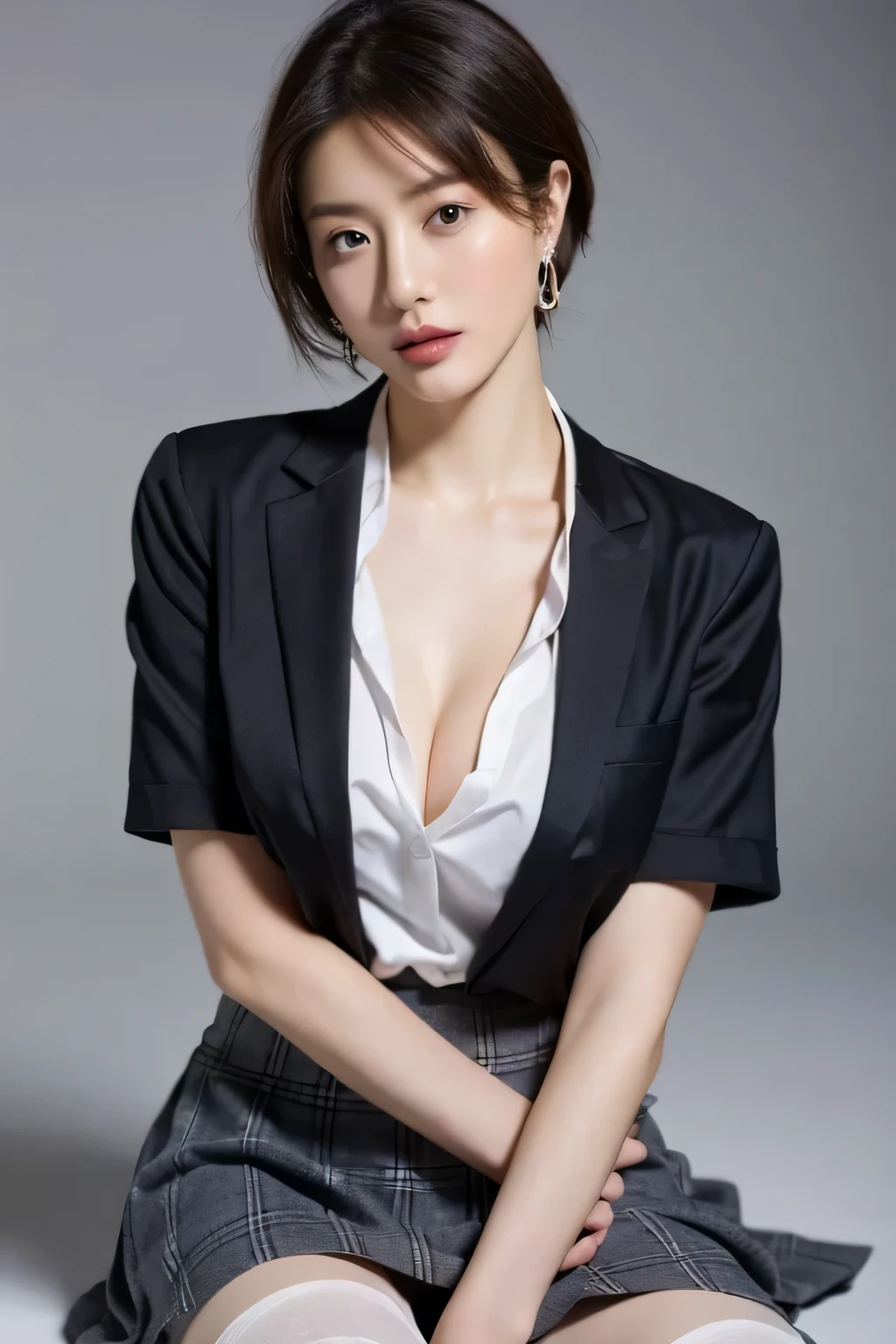(highest quality,8K,masterpiece),studio photography,
Very beautiful Japan models,fine skin,realistic skin, lip gloss,rouge,
very short hair,pixie cut,
School_uniform, big earrings,costume,
big breasts,peach,
plaid skirt, white shirt, big breasts,emphasize cleavage,knee socks,
gray background