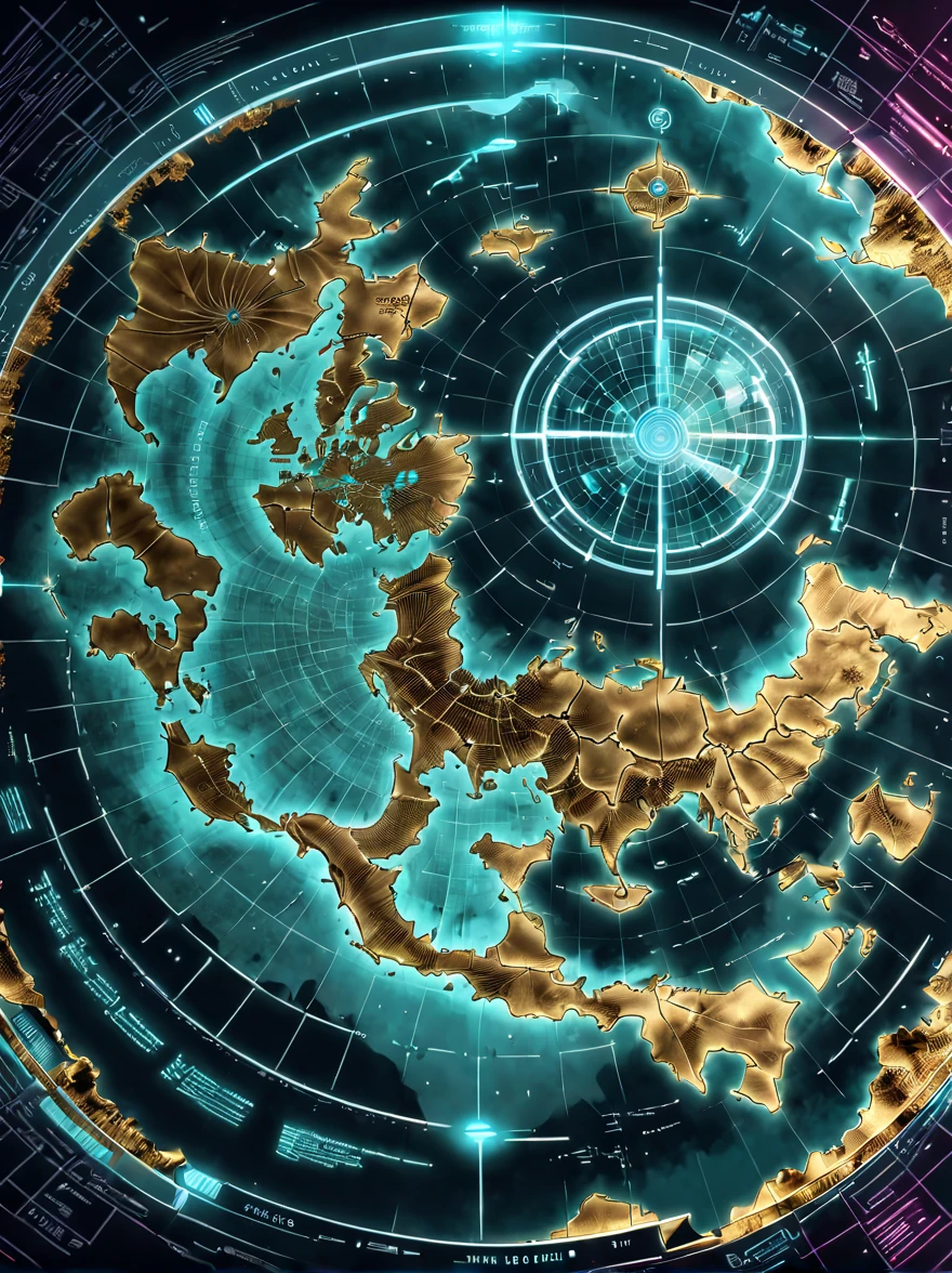 Future science fiction electronic map，High-tech civilization electronic holographic projection map，light and shadow map，Cyberpunk world projection map，(Weird treasure map:1.5)，Treasure map