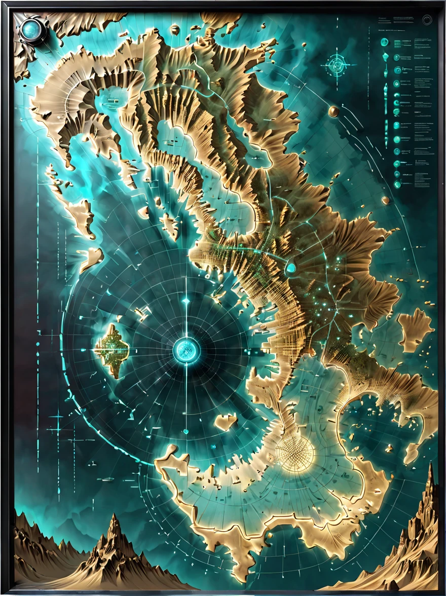 Future science fiction electronic map，High-tech civilization electronic holographic projection map，light and shadow map，Cyberpunk world projection map，(Weird treasure map:1.5)，Treasure map