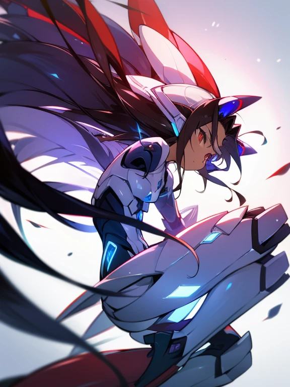 Masterpiece, best quality, highres, amazing quality, devouring the starry sky, tenchi muyo, (mega mewtwo y), flat chested, (male), (8 year old boy), (shota), (Dark skin), cute, red eyes, very long dark brown hair, blue gem on forehead, white mecha musume armour, white exosuit armour, black powersuit, white mecha armour legging, mechanical tail, badass, cool, shounen, close up,