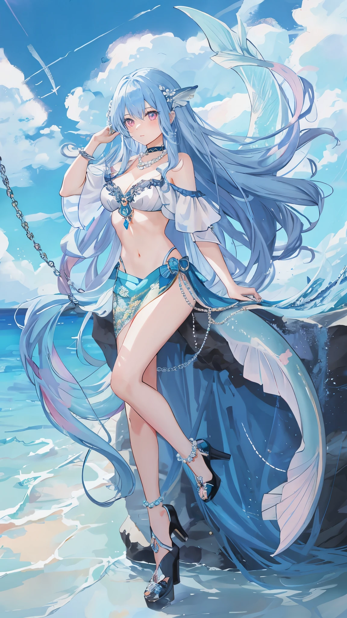 Calypso, a giant 65 meter mermaid, emerges from the waves under the silver light of the moon, Her iridescent skin shining like wet pearls. Her long turquoise hair falls in cascades over her shoulders.. Naked and resplendent, standing on a deserted beach, her posture is seductive, with one leg resting on a rock and one hand caressing his thigh. His eyes, full of lust, They look at the tiny humans at their feet, mesmerized by its aquatic beauty. Her full lips curve into a tempting smile and her curvaceous body exudes an aura of oceanic eroticism., enveloping everyone in a spell of desire and adoration.