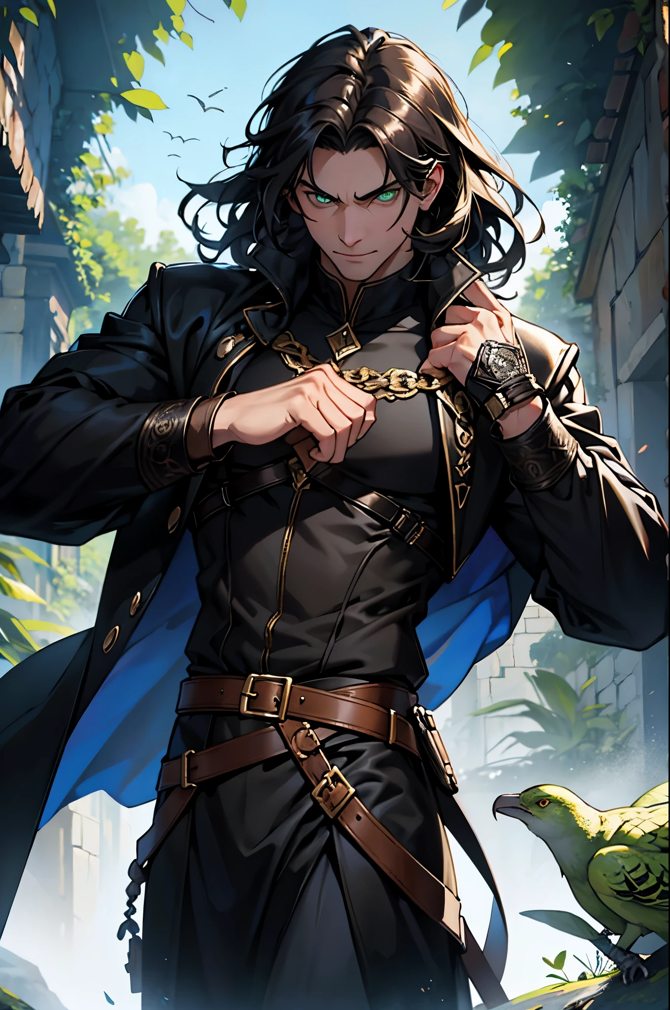 ### 3. Name: Keto * Appearance: Charismatic man with dark curly hair and green eyes. He wears a black cloak with a golden pattern and leather trousers. * Nature: Mysterious and unpredictable. Has intelligence and cunning. * Distinctive features: There are delicate patterns on his hands, resembling runes. * Weapon: Staff with the image of a snake and a bird. * Ability: 58 - Necro Action abilities:* Keto обладает способностью манипулировать смертью и использовать пульсации от умерших для своей защиты и нападения. (dynamic pose:1.2)