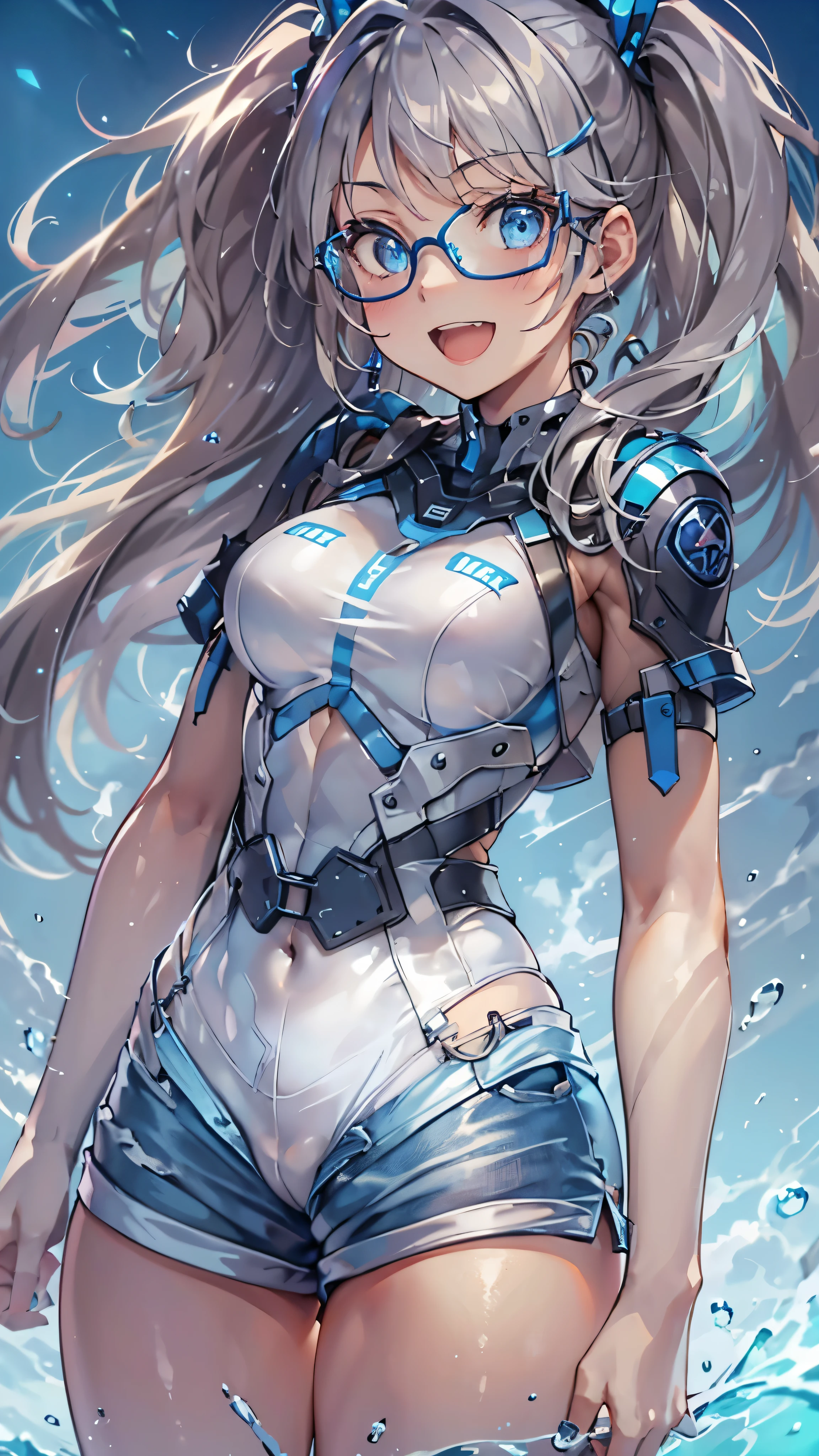 woman,14 years old,,city,night,(((white and blue tight miniskirt bodysuit))),,open mouth smile((See-through))Glasses,((Beautiful long ponytail)),((baby girl body shape))