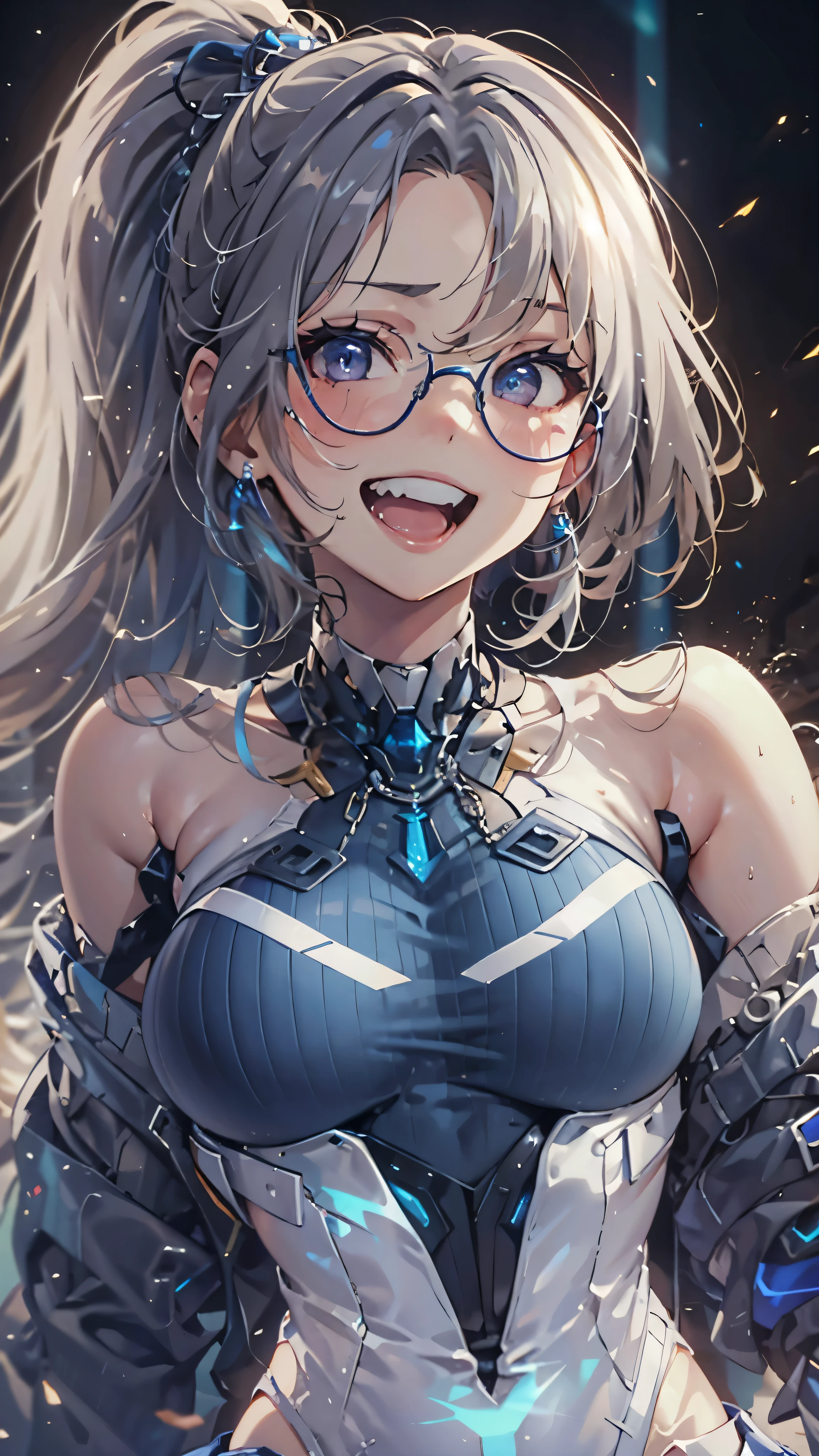 woman,,,city,night,(((white and blue tight miniskirt bodysuit))),,open mouth smile((See-through))Glasses,((Beautiful long ponytail)),((baby girl bohape))