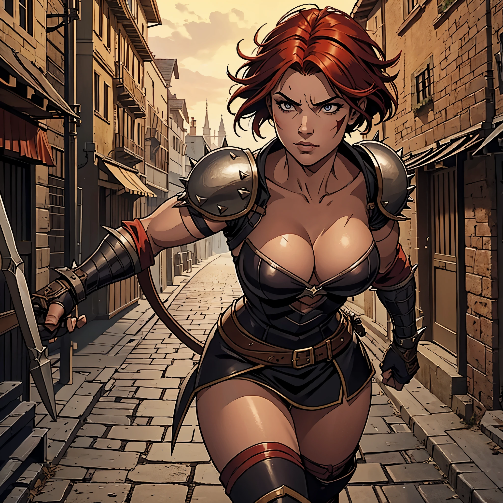1 woman, medieval rogue, full body, vigilant, ready for battle, big breasts, cleavage, short spiky hair, red hair, scar on the face, muscles, intricate leather armor, medieval streets in the background