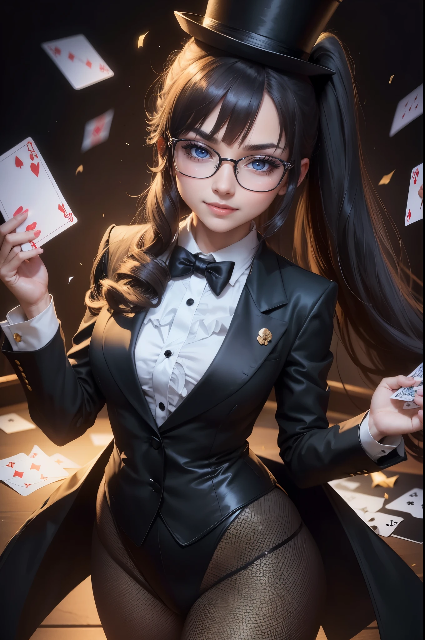 Beautiful female magician, 16 years old, playing cards, long hair in a ponytail, bangs, smiling brightly, wearing glasses, wearing a small top hat, wearing a black bunny suit, wearing a long tail tuxedo, wearing black Pantyhose, There were cards flying everywhere,