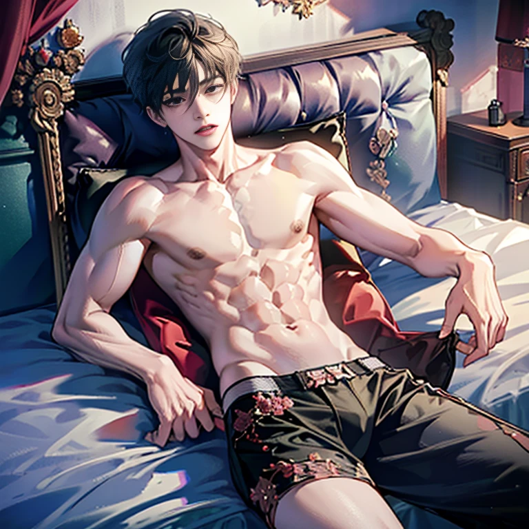 Handsome ，please lie down on the bed，Exposing abs，legs open，Sweating ，rosette，lick ，stroke ，