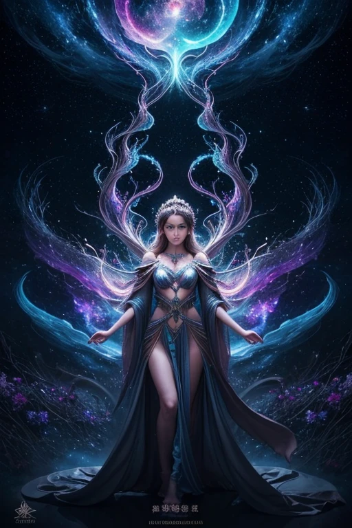 A stunning surreal illustration featuring an Aztec queen and her mist-shrouded vampire kingdom, rendered in mesmerizing bioluminescent neon watercolor hues, reminiscent of an ethereal dreamscape, bathed in a canvas of crystals, evoking an air of mystical opulence. The ancestral silhouette portrait, glows with an otherworldly luminescence, radiating an aura of enchantment. This ultra-high-resolution masterpiece embodies a harmonious blend of mystical realism and fantasy, pulsating with iridescent hues of blue, violet, and green, inviting the viewer to step into her mystical realm.