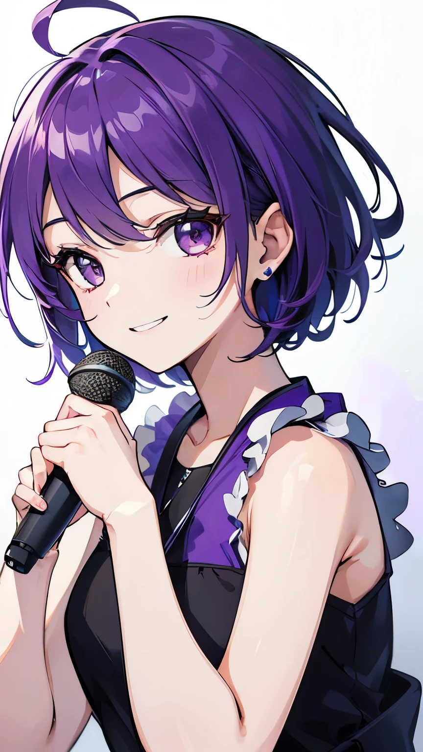 (T Masterpiece，4k wallpaper，best quality))、((girl１people))、(solo)、Brilliant，(purple hair)、(shortcut:1.3)、close up of face、smile、microphone、song