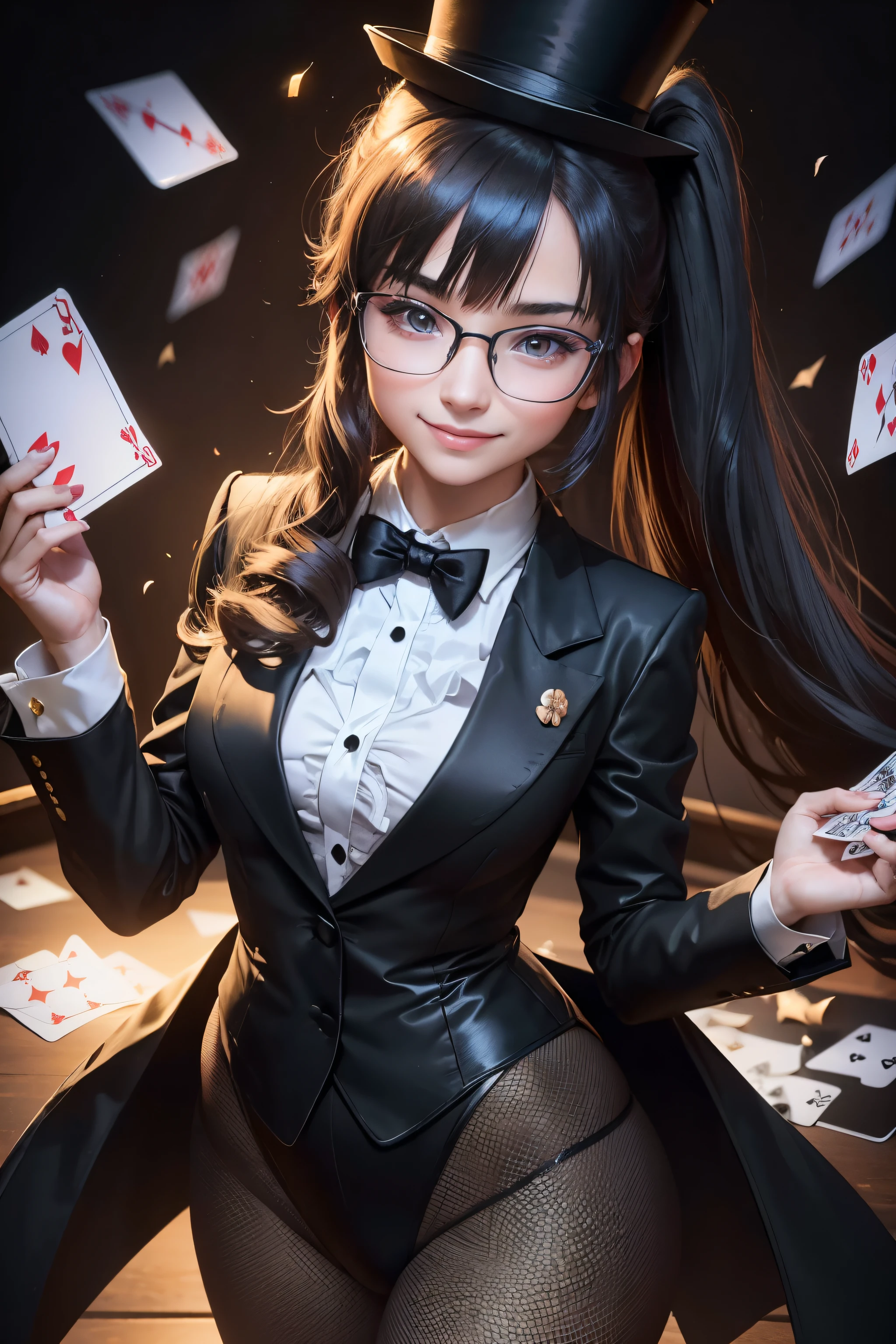 Beautiful female magician, , Playing Cards, Long hair in a ponytail, smooth, smile brightly, wear glasses, Wear a small top hat., wearing a black bunny costume, Wear a long-tailed tuxedo., Wear black stockings., There are cards flying everywhere.,