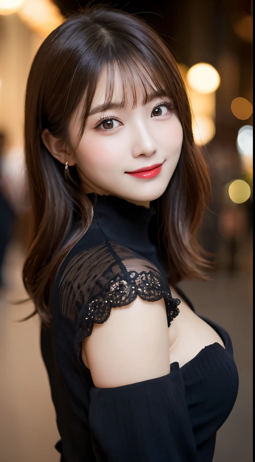 masutepiece, Best Quality, Illustration, Ultra-detailed, finely detail, hight resolution, 8K Wallpaper, dynamic compositions, Beautiful detailed eyes, Very gorgeous and elegant luxury dress winter clothes,Medium Hair,Small breasts natural color lip, Bold sexy poses,Smile、20 years girl、Cute、Sexy shot looking at camera,Midnight,beautifull detailed face,Classy face,Perfect and beautiful face,Slim face and body,Blur the background,Gorgeous and glamorous Christmas party venue