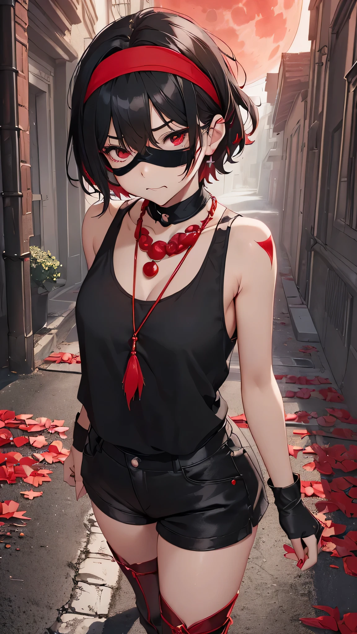 最high quality、best image quality、masterpiece、teenage girl((18-year-old、 By becoming、vest bust、medium bust,wide open breast tea、black eye, black hair、shortcut、short hair、thin,highest valley、Perforated gloves、blindfold headband、My whole body is full of scars、black tank top、red pants、anger、red necklace、black stockings、red boots)),high quality、beautiful art、background((Dark road、Red rain、red lighting、Red Moon、bloody road)),debris flies、Depth of written boundary、movie、visual art、perfect art、8K,genuine