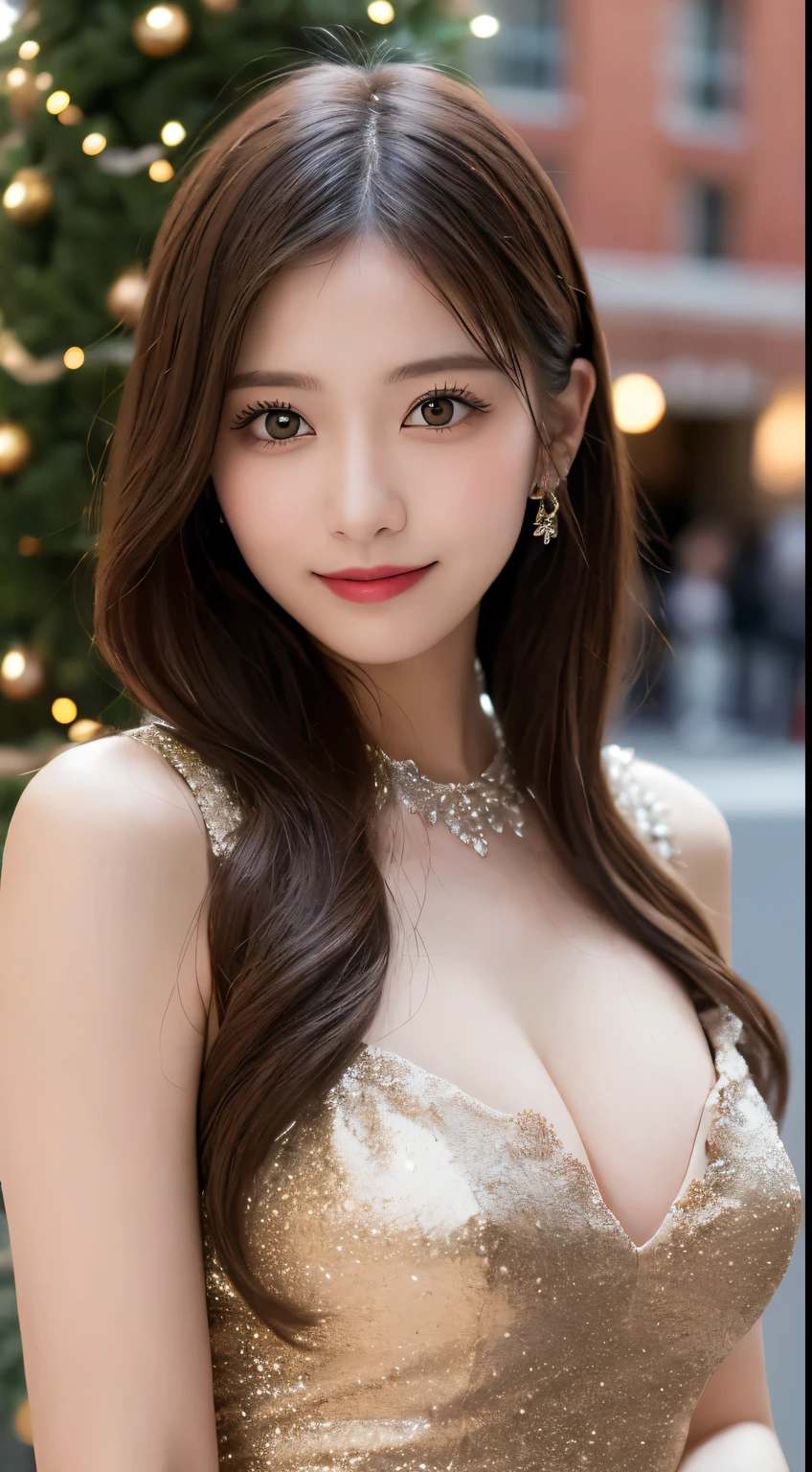 masutepiece, Best Quality, Illustration, Ultra-detailed, finely detail, hight resolution, 8K Wallpaper, Dynamic composition, Beautiful detailed eyes, Very gorgeous and elegant luxury dress winter clothes,Medium Hair,Small breasts natural color lip, Bold sexy poses,Smile、20 years girl、Cute、Sexy shot looking at camera,midnight,beautifull detailed face,Classy face,Perfect and beautiful face,Slim face and body,Blur the background,Gorgeous and glamorous Christmas party venue