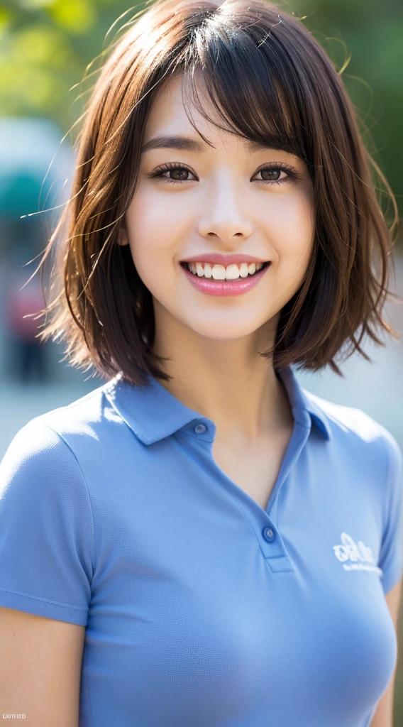 (8k, RAW Photos, Best Quality, High Resolution: 1.1), (Ultra Realistic: 1.4), (Realistic, Photorealistic: 1.3), Soft Light, Big, Girl, Realistic Face, Realistic Body, Realistic Skin, Absurdity, Masterpiece, (Cute: 1.8), Cuties, Solo, (Big: 1.2), Detailed Black Eyes, Innocent Eyes, Cheek, (T-Shirt: 1.2), Cinema Light, Film grain, jewelry, dark blue polo shirt, ((short bob hair: 1.1)), (floating hair nova frog style)), cherry colored lips, close-up, look viewer, upper body, open lips, upper teeth, (smiling eyes: 0.6), (grinning: 1.2)), depth of field, blurred background, eye focus, bokeh, young, 85mm lens, f/1.4, Professional Lighting, Young, Portrait, Photon Mapping, Radiosity, Physically Based Rendering, No Bra