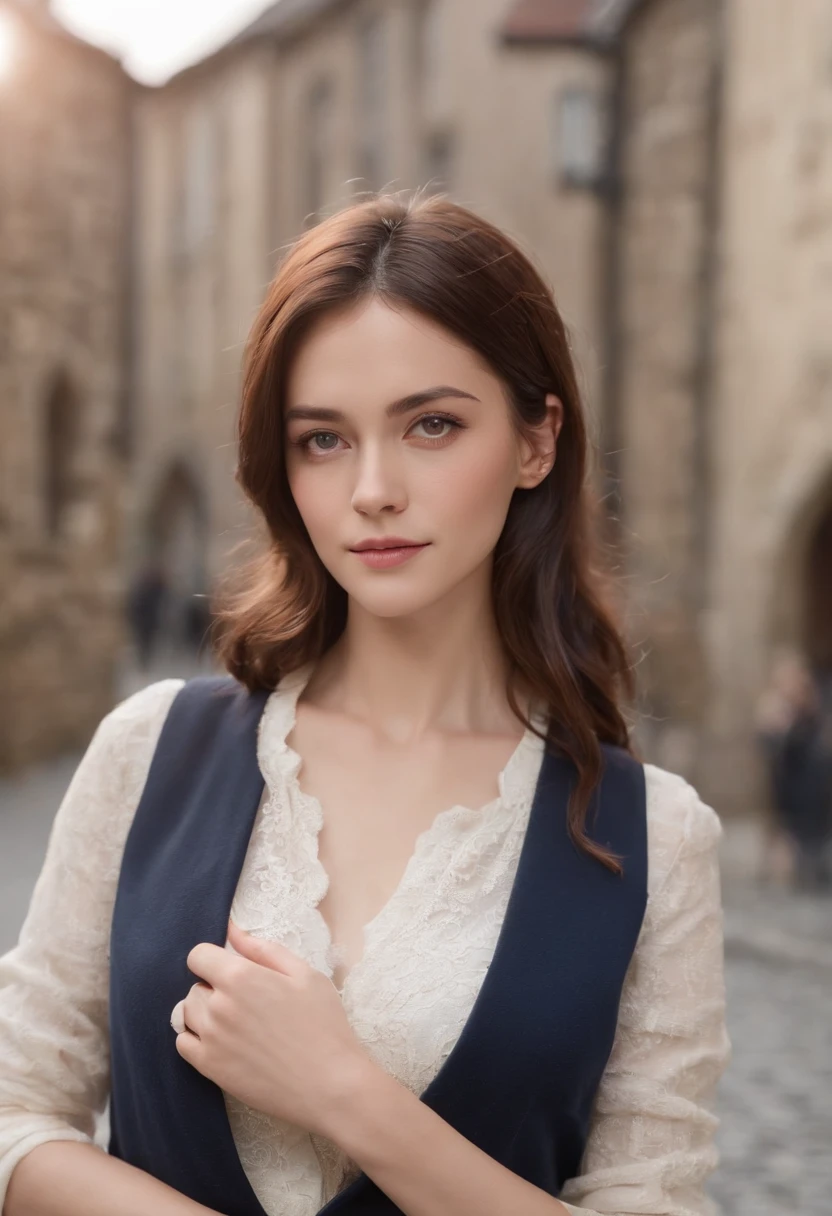Full body picture, British woman in a suit、Kaya Scodelario, 23 year old beautiful British woman、Beautiful woman standing against the background of cobblestones、she's wearing squirrel ears、hyper quality、High definition、real、16k、4k、white shirt、navy blue vest、Vest button fastening、Dark blue pants、navy blue setup、short hair、Brown hair、highlights in hair、