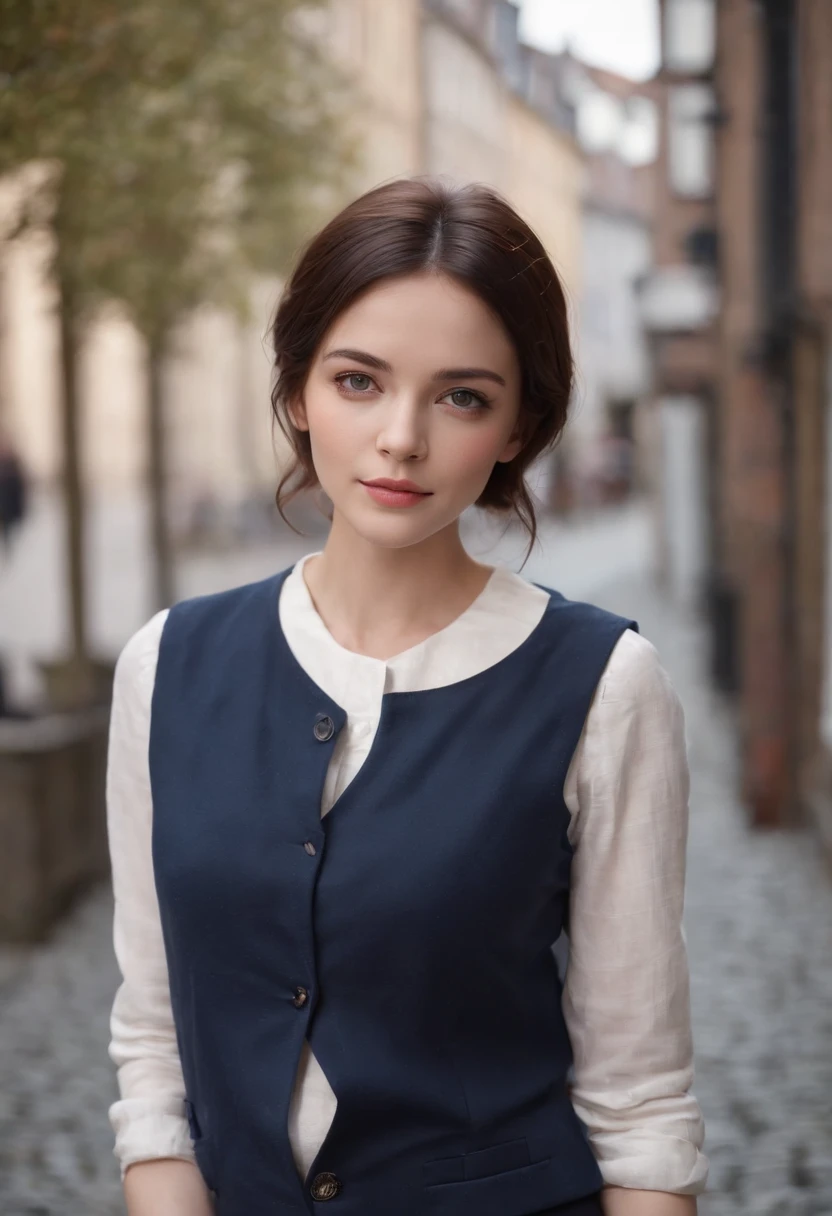 Full body picture, British woman in a suit、Kaya Scodelario, 23 year old beautiful British woman、Beautiful woman standing against the background of cobblestones、she's wearing squirrel ears、hyper quality、High definition、real、16k、4k、white shirt、navy blue vest、Vest button fastening、Dark blue pants、navy blue setup、short hair、Brown hair、highlights in hair、