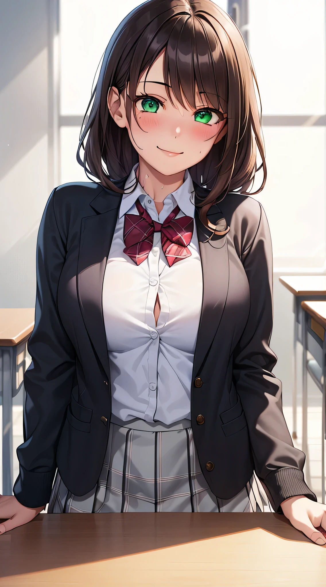 ((table top, highest quality, High resolution, perfect pixel, written boundary depth, 8K)), 1 girl, high school student, beautiful girl, ((brown hair, curly hair:0.8)), ((green eyes:1.4, beautiful eyelashes, realistic eyes)), ((detailed face, blush:1.2)), ((smooth texture:0.75, realistic texture:0.65)), medium breasts, dynamic angle, perfect body, ((half naked)),sweaty, (red bow tie, school uniform, black jacket, open jacket, Brown cardigan, white shirt, black skirt, plaid skirt), smile