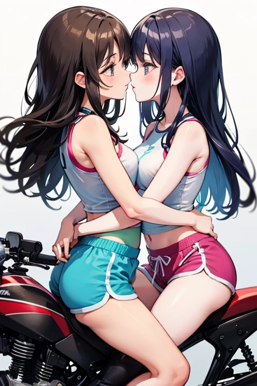Two girls kiss while straddling motorcycles saddle cushion, dolphin shorts,