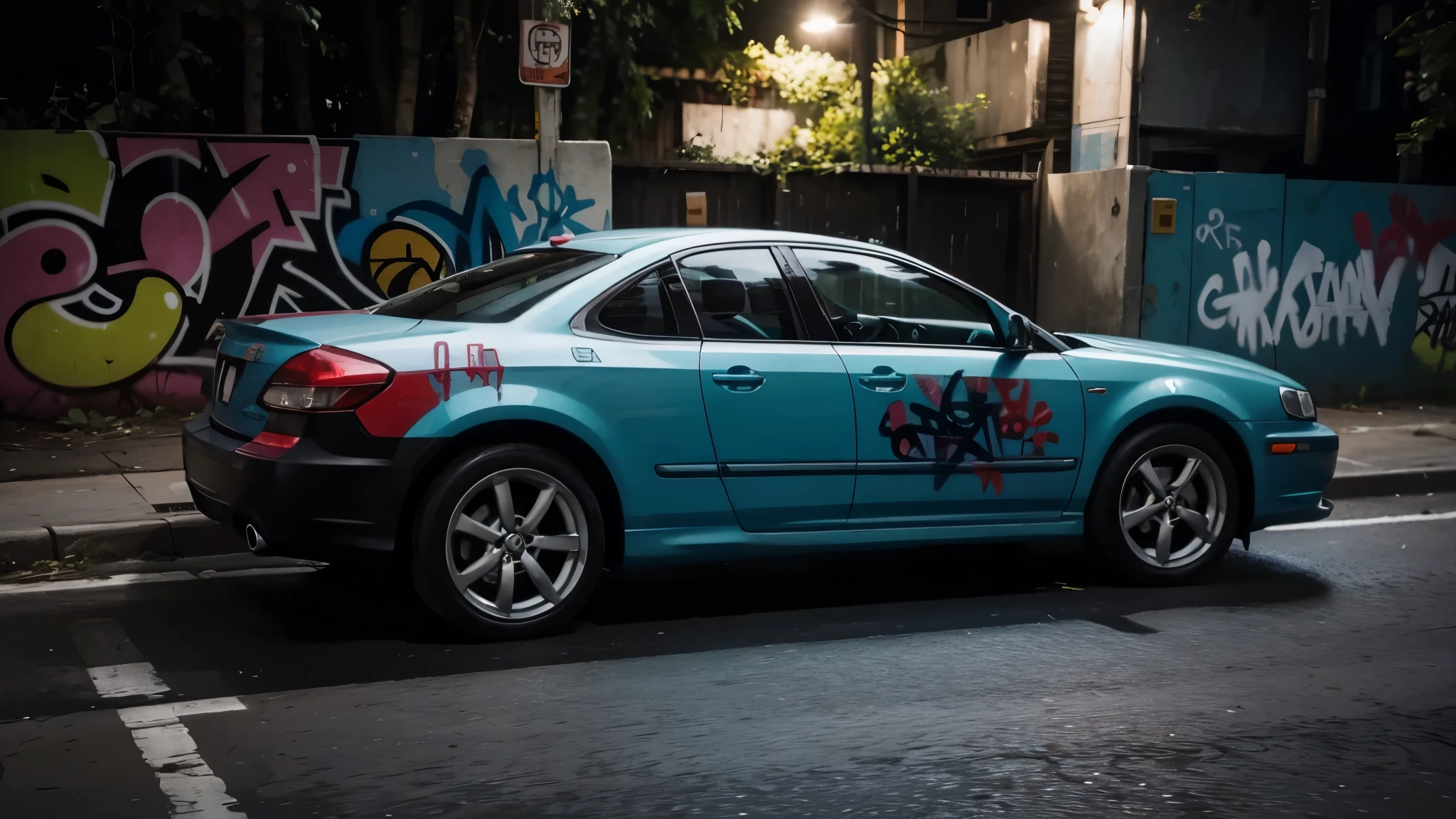 car, graffiti, thug, underground, dim lighting