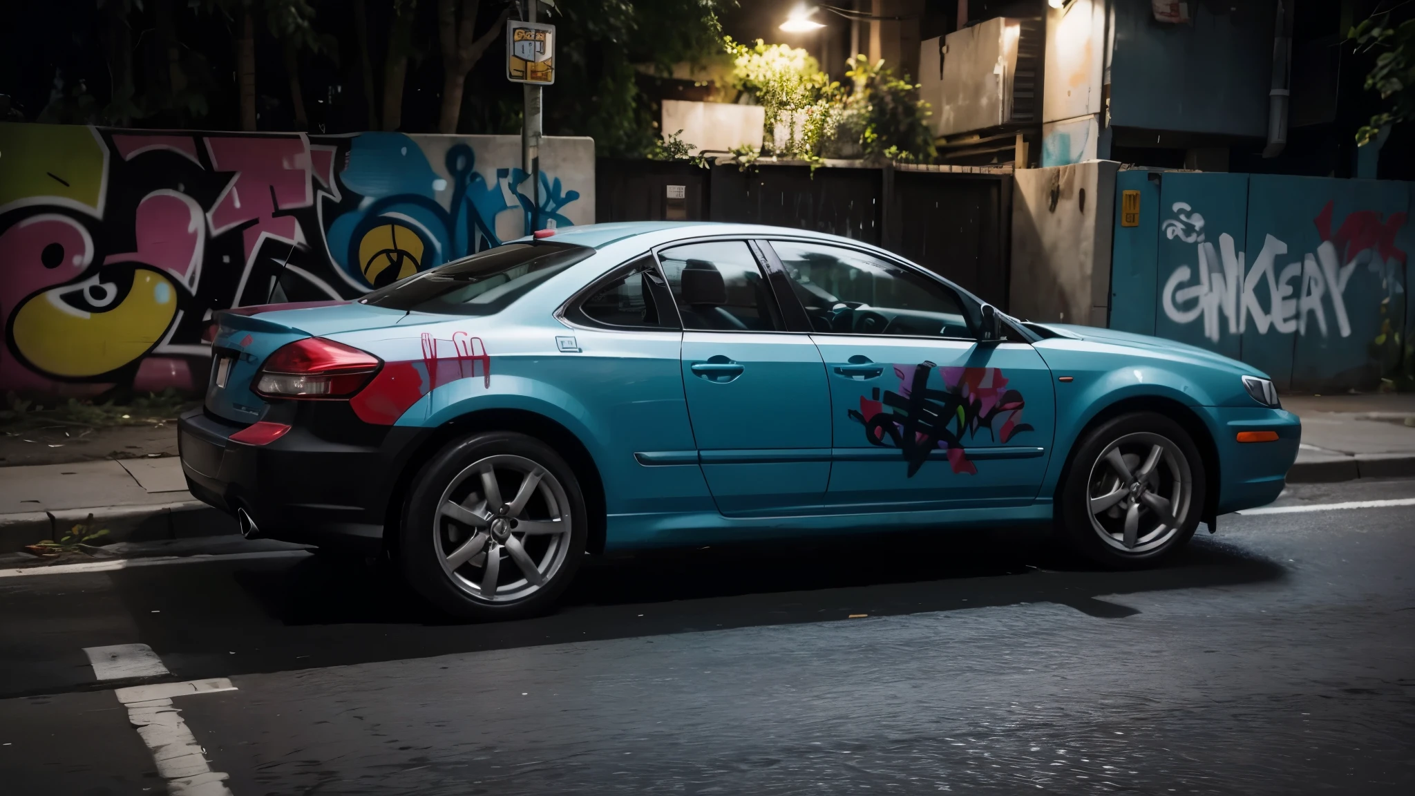 car, graffiti, thug, underground, dim lighting