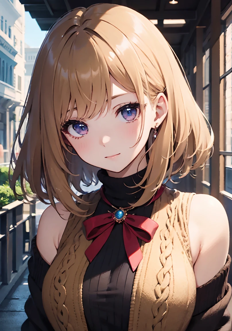 masterpiece, absurdres, best quality, ultra detailed, high Resolution, detailed illustration, extremely beautiful detailed face and eyes, Delicate beautiful face, bright colour, 1girl, cute face, magenta eyes, sparkling eyes, big eyes, medium breasts, (perky breasts:1.1), (pointy breasts:1.1), medium hips, glamorous body, white skin, happy, BREAK, long bob cut, (blonde hair:0.8), messy hair, detailed hair, shiny hair, BREAK Maxi sweater, tiny ribbon, Wedding hall, real world, natural lights, perfect lighting, outdoor,