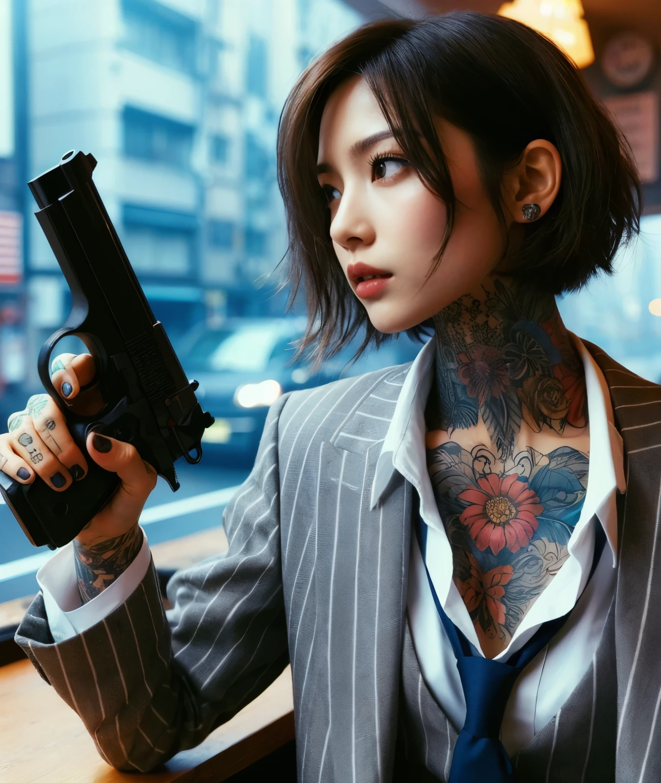 Photoreal、realistic skin texture、tattoo、gun