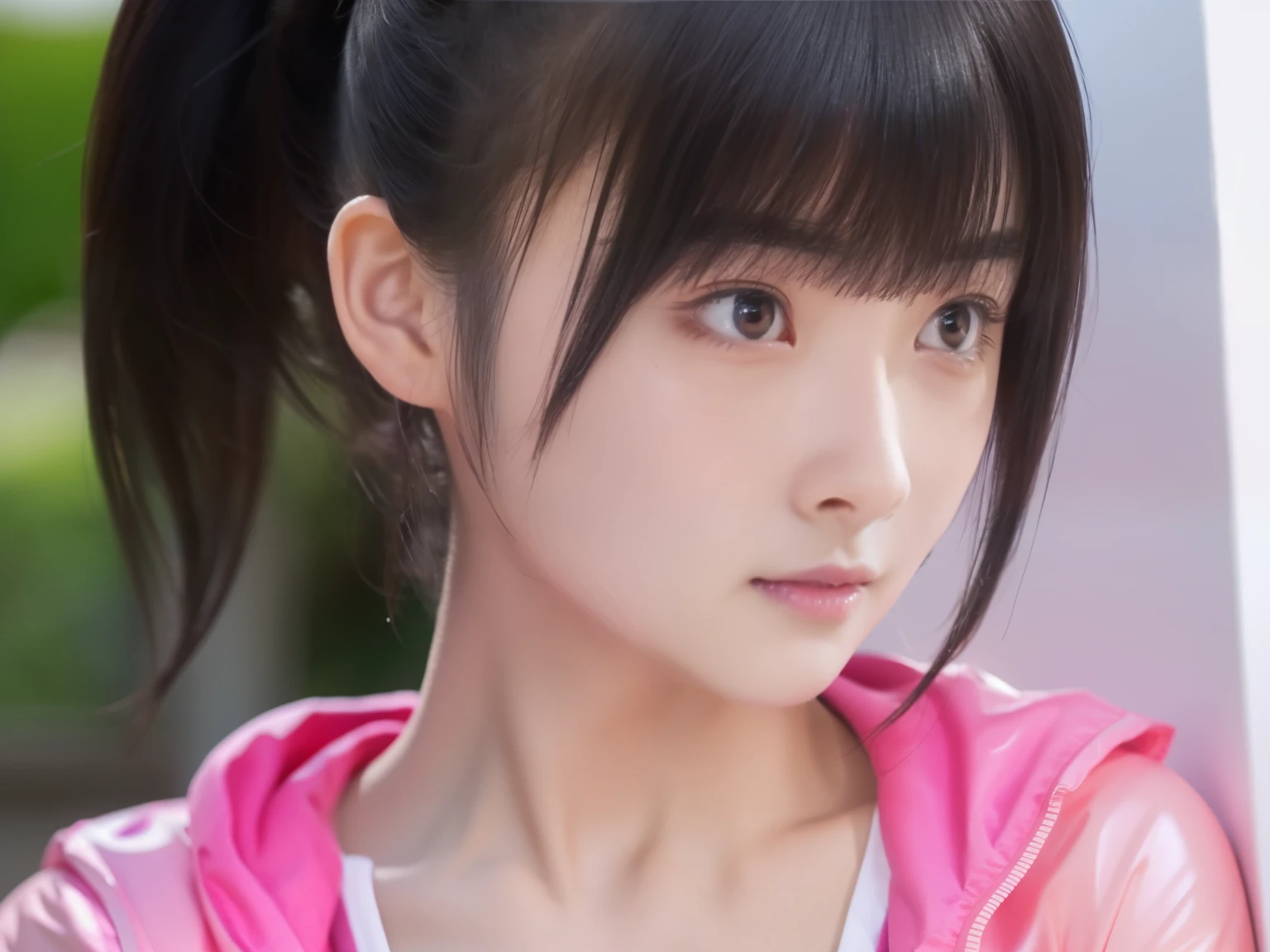 1 girl,alone, Anime girl in pink wet clothes, realistic shadow, fine skin, very small breasts, black hair, hair ribbon, very detailed, 8k highly detailed face, perfect face shape, perfect lips, perfect nose, Correct beautiful eyes, Audience, table top, highest quality, single girl, No bra, , alone