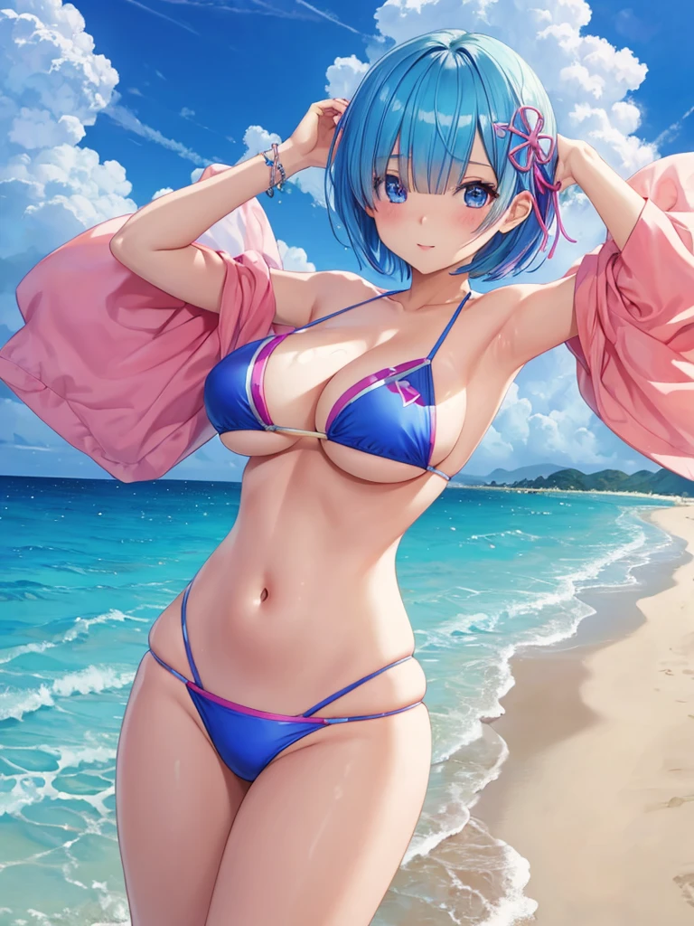 masterpiece, best quality, ultra detailed ,Rem,Re:zero,blue hair bikini girl on the beach, charmingな女の子, highly detailed art germ,short hair,  beautiful girl. detailed digital art, smooth CG art, swimsuit, attractive girl, armpit, cute pose, beautiful breasts,big breasts, Put your hands on your hair,charming,underboob,belly button,