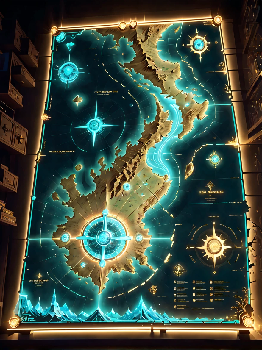 Future science fiction electronic map，High-tech civilization electronic holographic projection map，light and shadow map，Cyberpunk world projection map，(Weird treasure map:1.5)，Treasure map