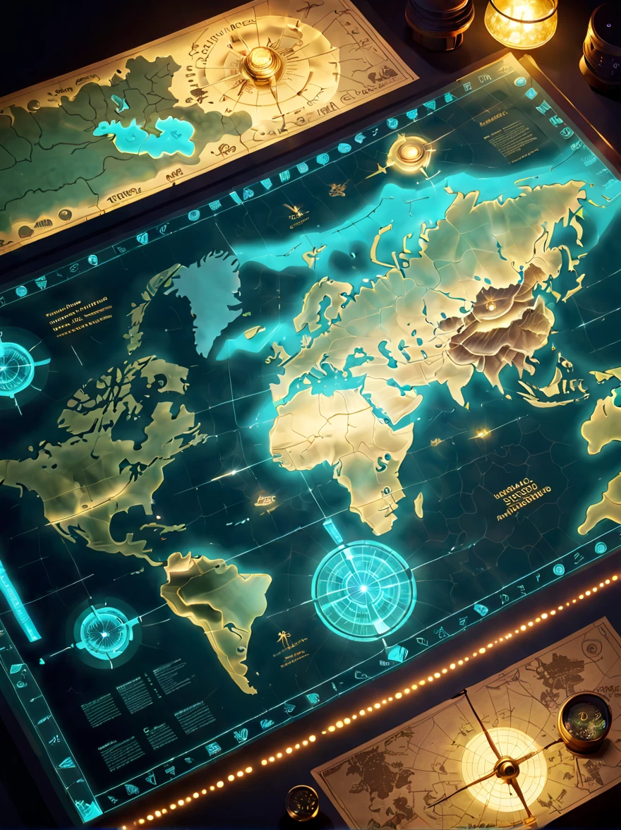 Future science fiction electronic map，High-tech civilization electronic holographic projection map，light and shadow map，Cyberpunk world projection map，(Weird treasure map:1.5)，Treasure map