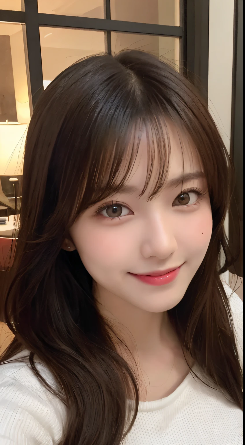 masutepiece, Best Quality, Illustration, Ultra-detailed, finely detail, hight resolution, 8K Wallpaper, Perfect dynamic composition, Beautiful detailed eyes, Women's fashion in winter,straight haired,、Natural Color Lip,Smile,hotel、20 years girl、Cute、Sexy look at the camera,nighttime scene