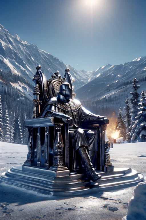 A medieval steel city in the icy mountains，In the background, a figure of a nobleman in black is sitting on the throne.，The art style of the anime，Dark style