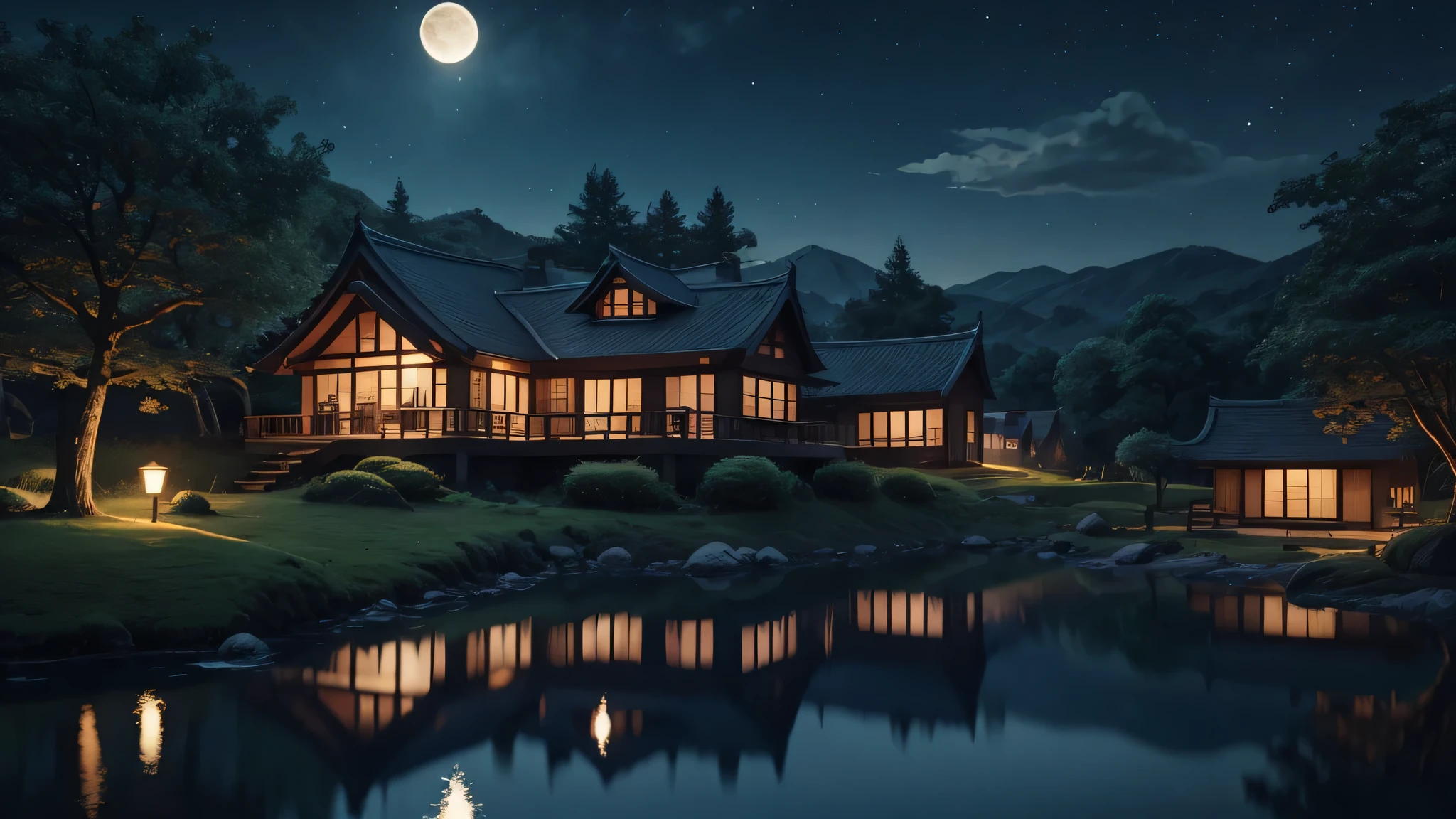 The moon reflects on a Scottish-style house at night, In the style of Cyril Roland, Japanese-style landscape, Emily Carr, attractive, Idyllic countryside, dark blue, 4K, Naoki Urasawa, masterpiece