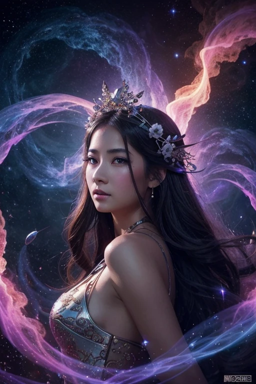 Digital painting of a female goddess by MSchiffer, her body is turning into smoke, Wearing elegant robes as garments waving in the air, Delicate face in perfect detail, Soft features, the environment is the heart of a heavenly forest with trees and vines made out of nebulas and stars, in classic style, celestial and universe的な, bold colors, soft swirling smoke, glowy universe的な flowers, swirling, movie light, fantasy art, surreal, high contrast, HDR+, Bokeh effect, universe的な, universe, nebula,black dragon,Melancholy expression