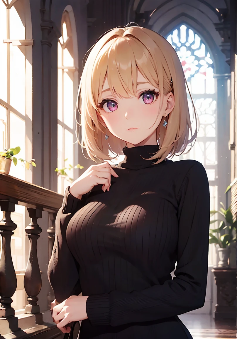 masterpiece, absurdres, best quality, ultra detailed, high Resolution, detailed illustration, extremely beautiful detailed face and eyes, Delicate beautiful face, bright colour, 1girl, cute face, magenta eyes, sparkling eyes, big eyes, medium breasts, (perky breasts:1.1), (pointy breasts:1.1), medium hips, glamorous body, white skin, happy, BREAK, long bob cut, (blonde hair:0.8), messy hair, detailed hair, shiny hair, BREAK Maxi sweater, tiny ribbon, Wedding hall, real world, natural lights, perfect lighting, outdoor,