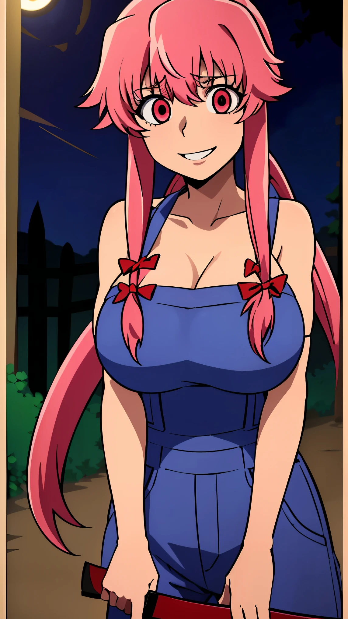 explicit, beautiful, amazing, high quality, detailed background, a woman with large breast in a woods, 1girl, breasts , , , pink hair, (large breasts:1.5), twintails, long hair, solo focus, mirai nikki, black choker, dark grey overalls, leather gloves, red eyes, chasing you through the woods, ((nigth:1.5)), crazy, ((crazy eyes)), ((crazy stare)), (fanart of Gasai Yuno), (angry eyes:1.1), (perfect hands:1.4), (masterpiece), best quality, expressive eyes, VHS, ((nigth)), (Parfect Hand:1.3), 4k, 8k, 1980s, from below, (standing over you), (Blood:1.1),Horror, (evil smile:1.4), (evil eyes:1.6), (holding machete:1.5), horror scane,