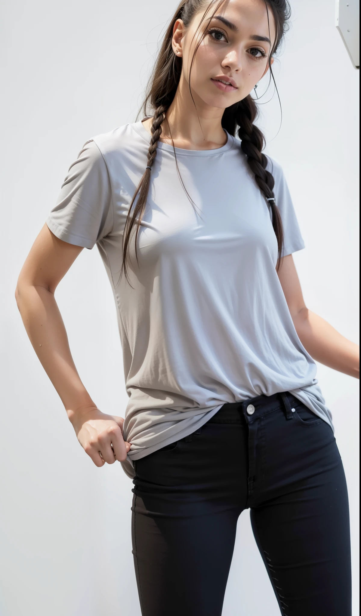A woman in a gray shirt and black pants posing for a photo, camisa cinza, camiseta molhada, camiseta molhada, roupas cinzas, wearing a camiseta, with ripped crop camiseta, wet camiseta, camisa apertada, basic clothing, camisa rasgada, camiseta, camiseta, camisa de malha, wearing camisa apertada, camisa suja de manga curta