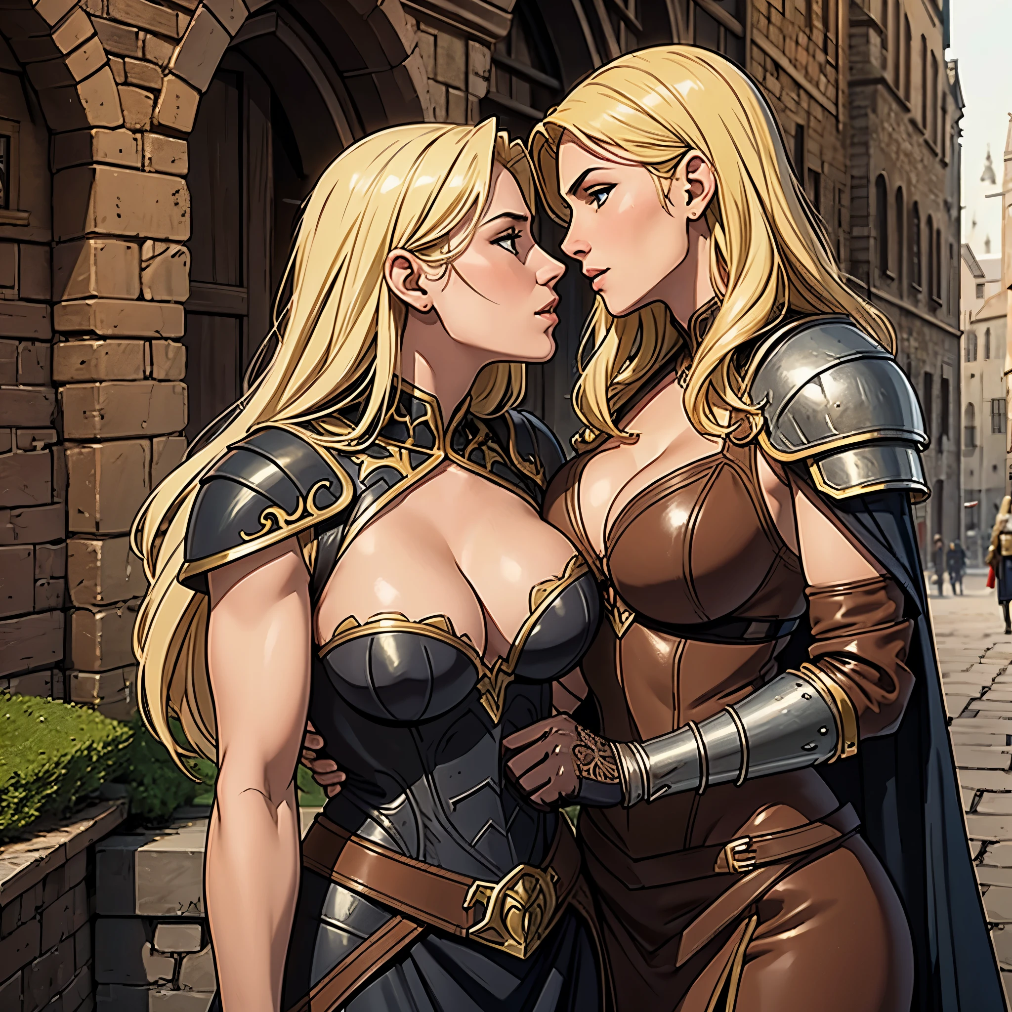 2 women, medieval rogues, lovers kiss, loving embrace, blonde and brunette, big breasts, cleavage, scar on the face, muscles, intricate leather armor, medieval streets in the background