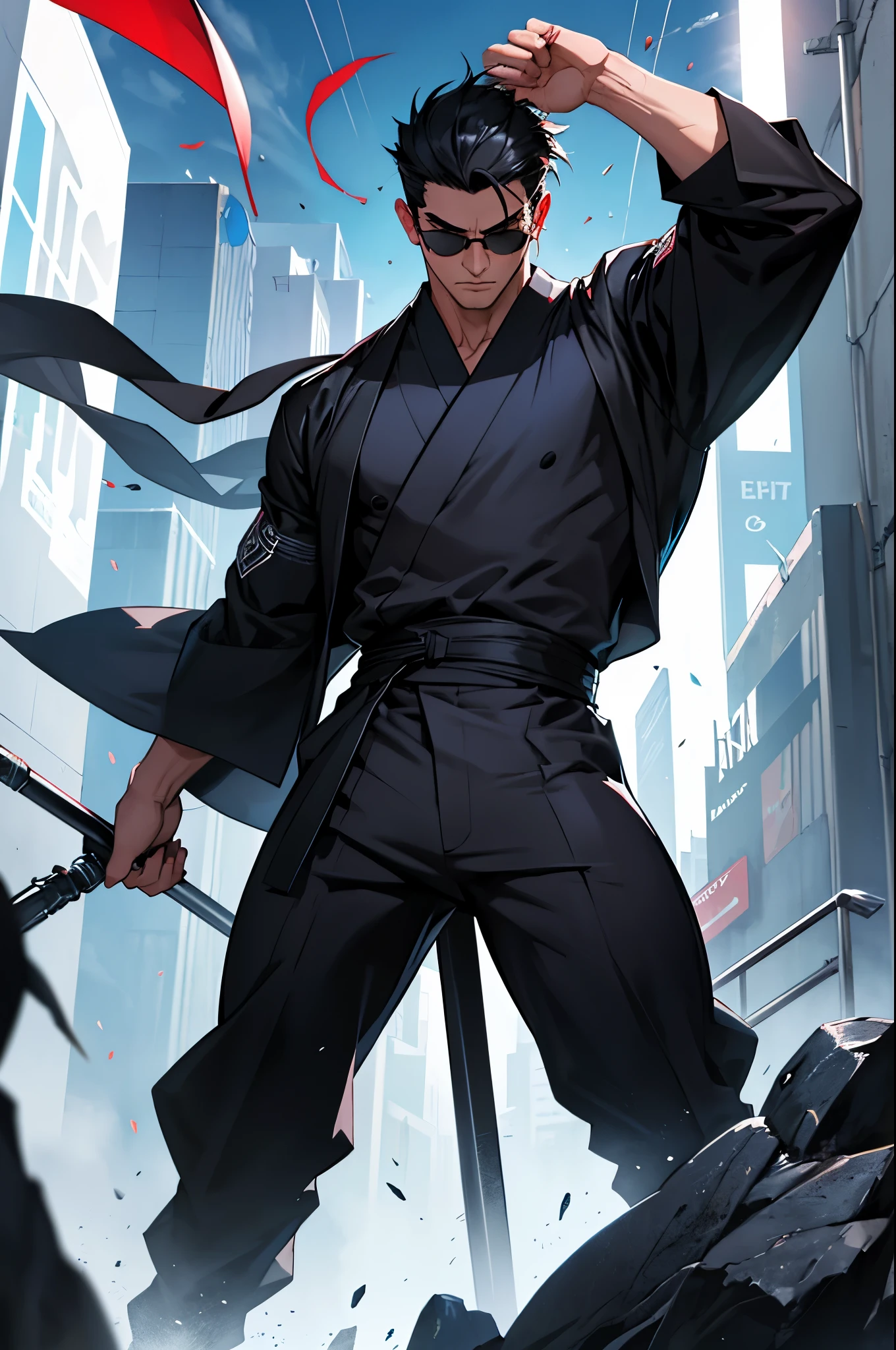 Character, described by you, is a young guy with a serious face, which gives him confidence and determination. He has black hair, short boyish hairstyle and a strong triangle-shaped chin. He always wears stylish black sunglasses, which give it mystery and some intrigue. Our character's clothing consists of a black kimono with hints of white.. He always looks fashionable and stylish, emphasizing your athleticism and strength. Generally, the image of this character looks very impressive and mysterious. He arouses interest and admiration for his unusual appearance. Stands in a dynamic pose
